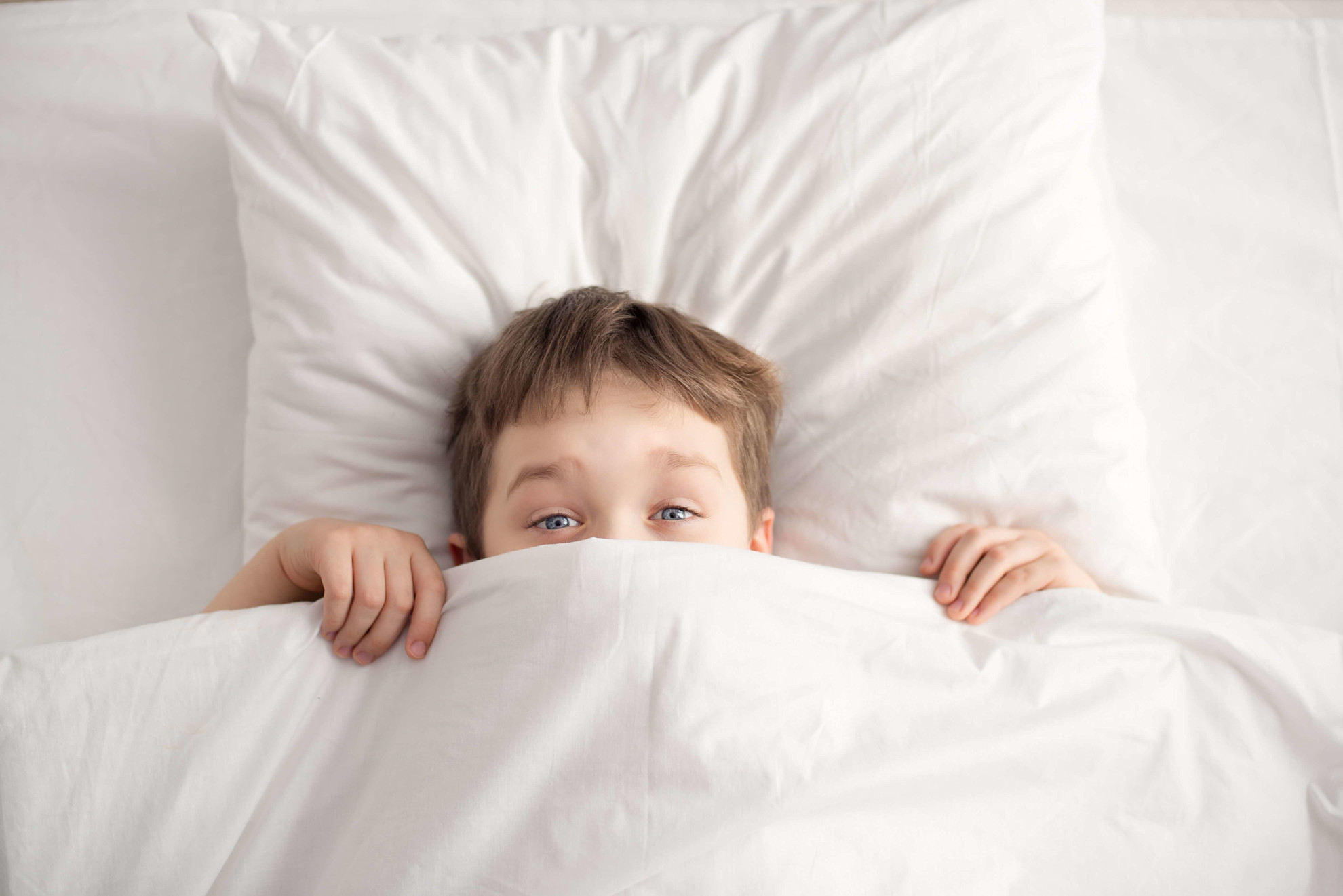 Cheerful boy in bed under white blanket