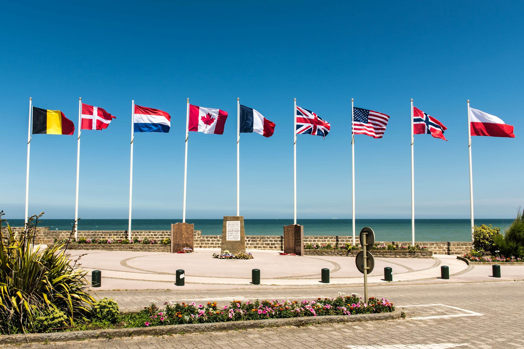 The flags of Allied nations at Juno beach memorial, Normandy
