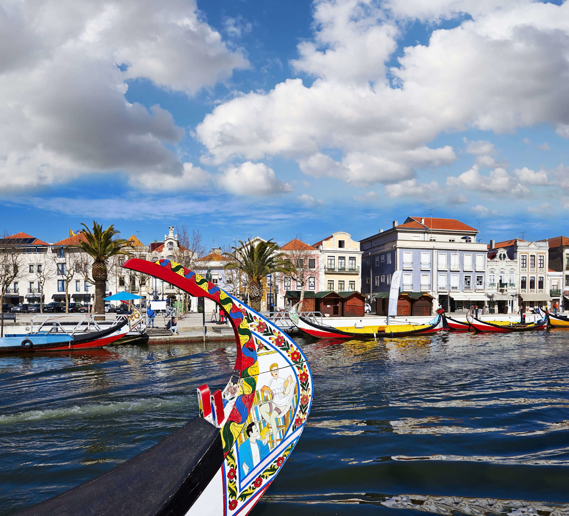 Beautifully decorated boats in the canal of Aveiro