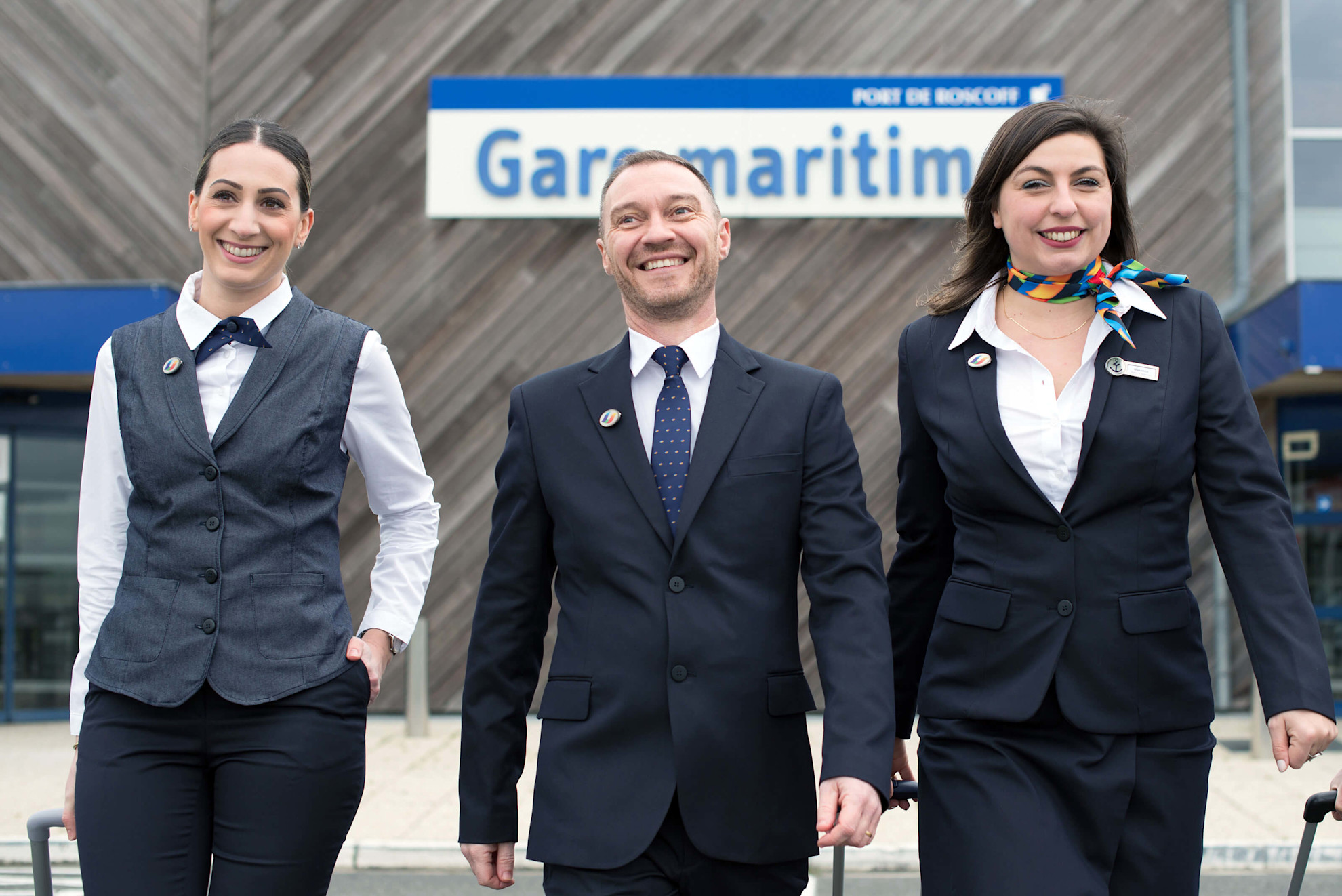 Three Brittany Ferries 澳洲幸运10十168体彩开奖网 crew members outside Roscoff ferry terminal