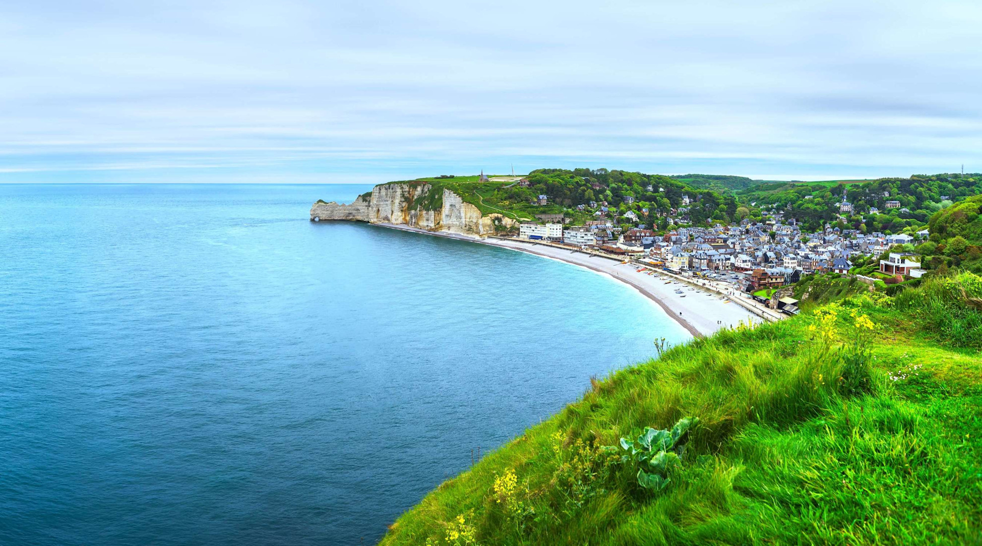 Cliff top view of Étretat village from Falaise d'Aval