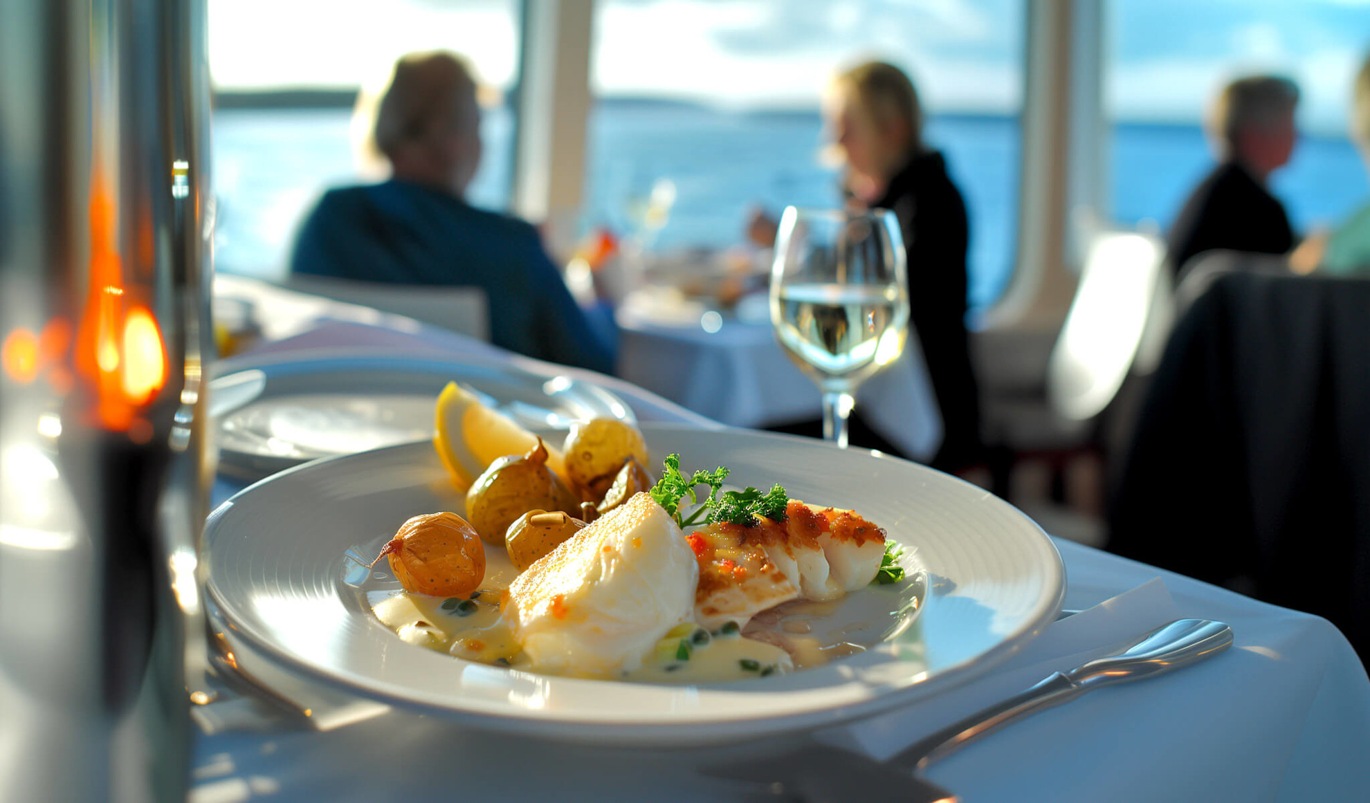 Close-up of food on a table with people sat in the background