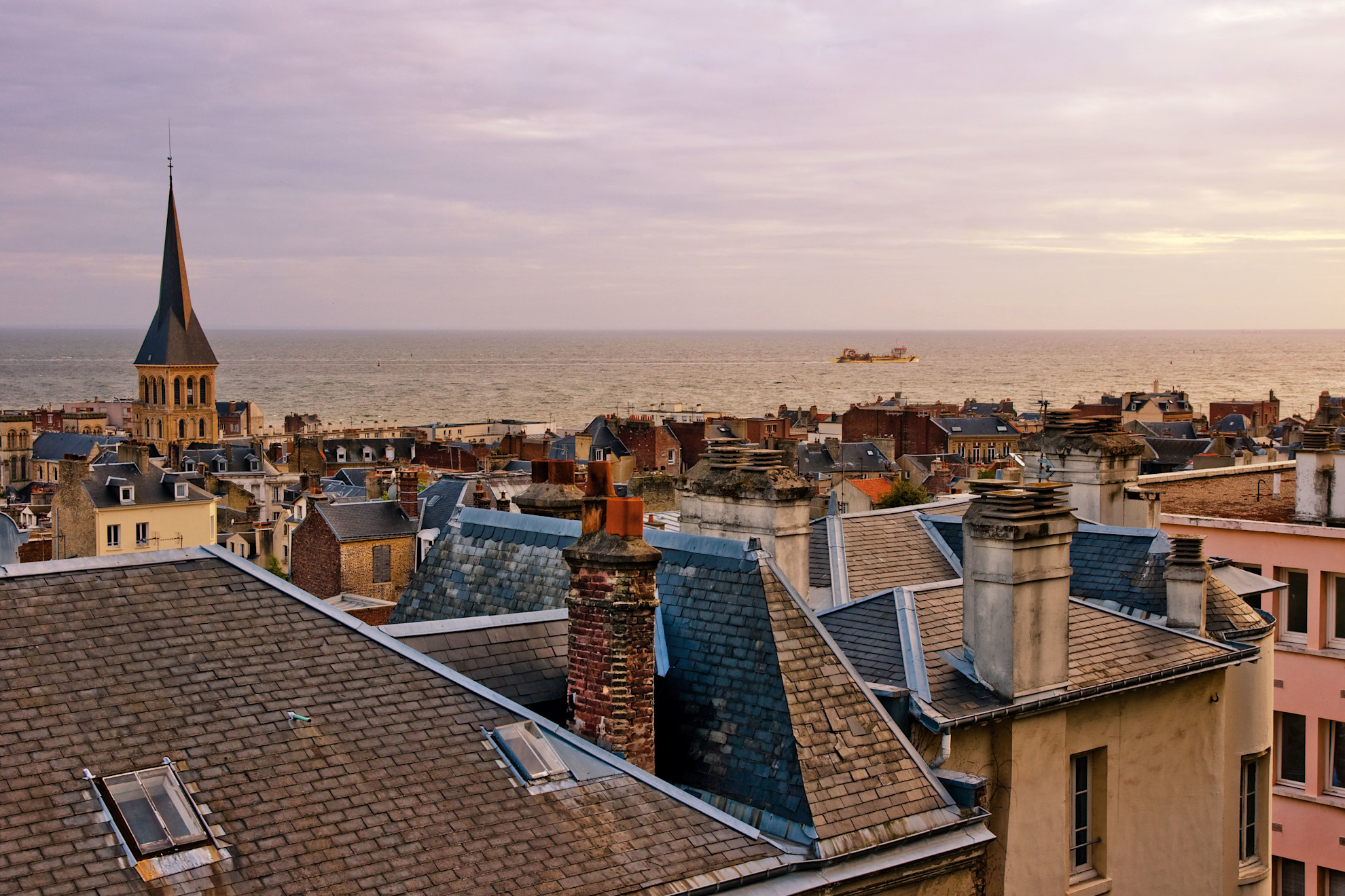 An aerial view of the rooftops in Le Havre overlooking the sea