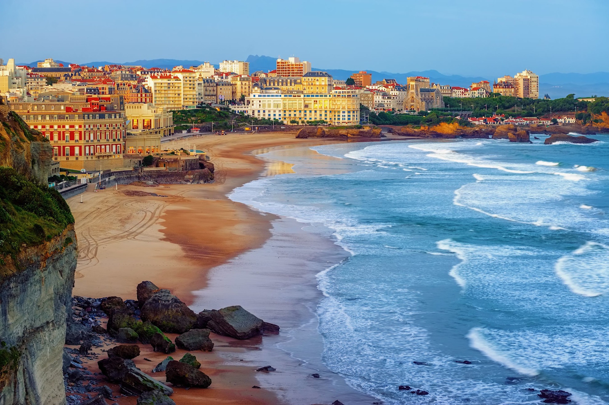 Biarritz beach and city at dusk