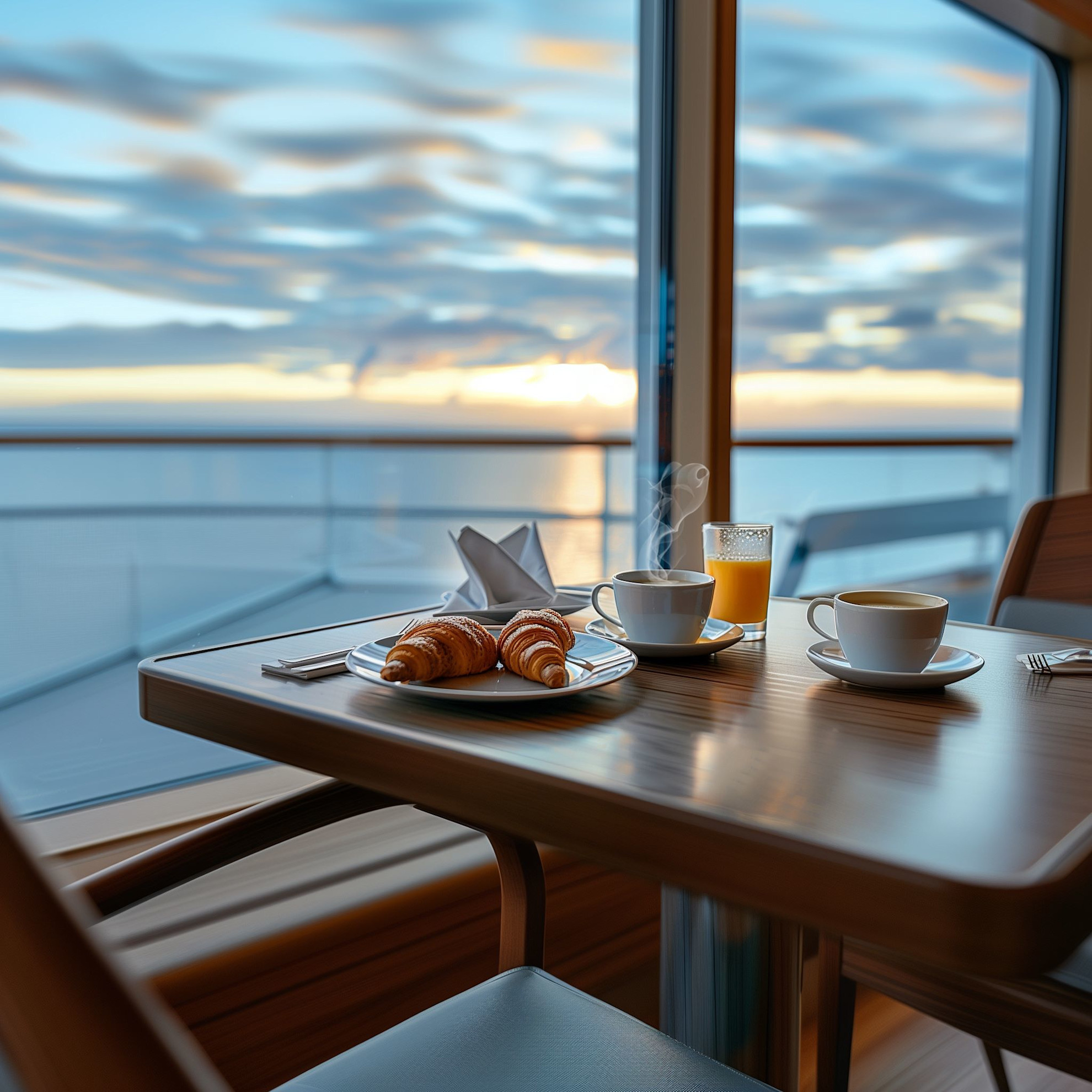 Continental breakfast on  a table with sea views in the background