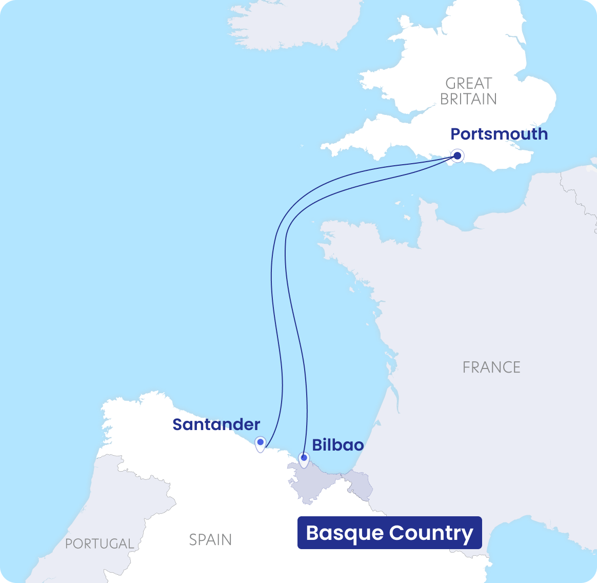 Portsmouth to Basque Country map