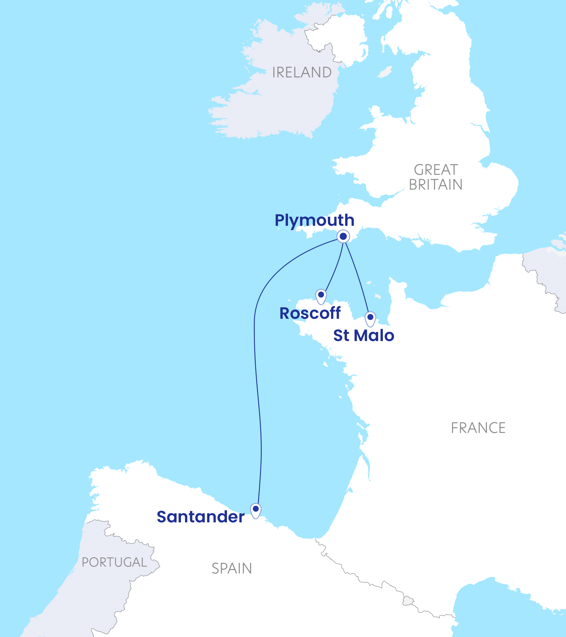 Route Map : Ferry routes from Plymouth to France & Spain