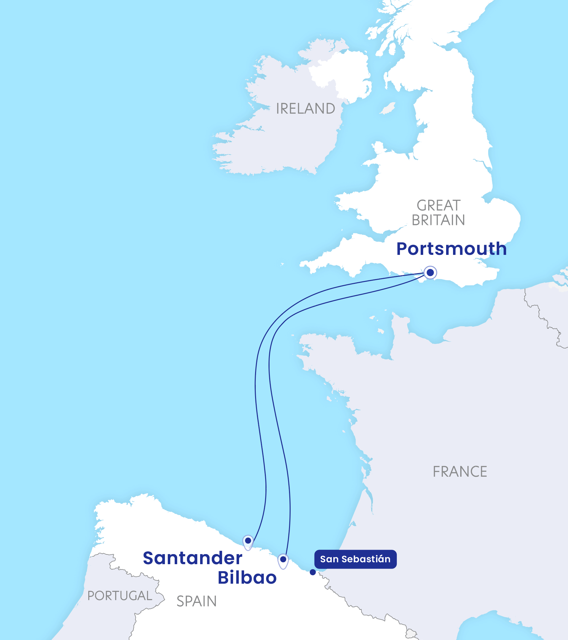 Portsmouth to San sebastian map