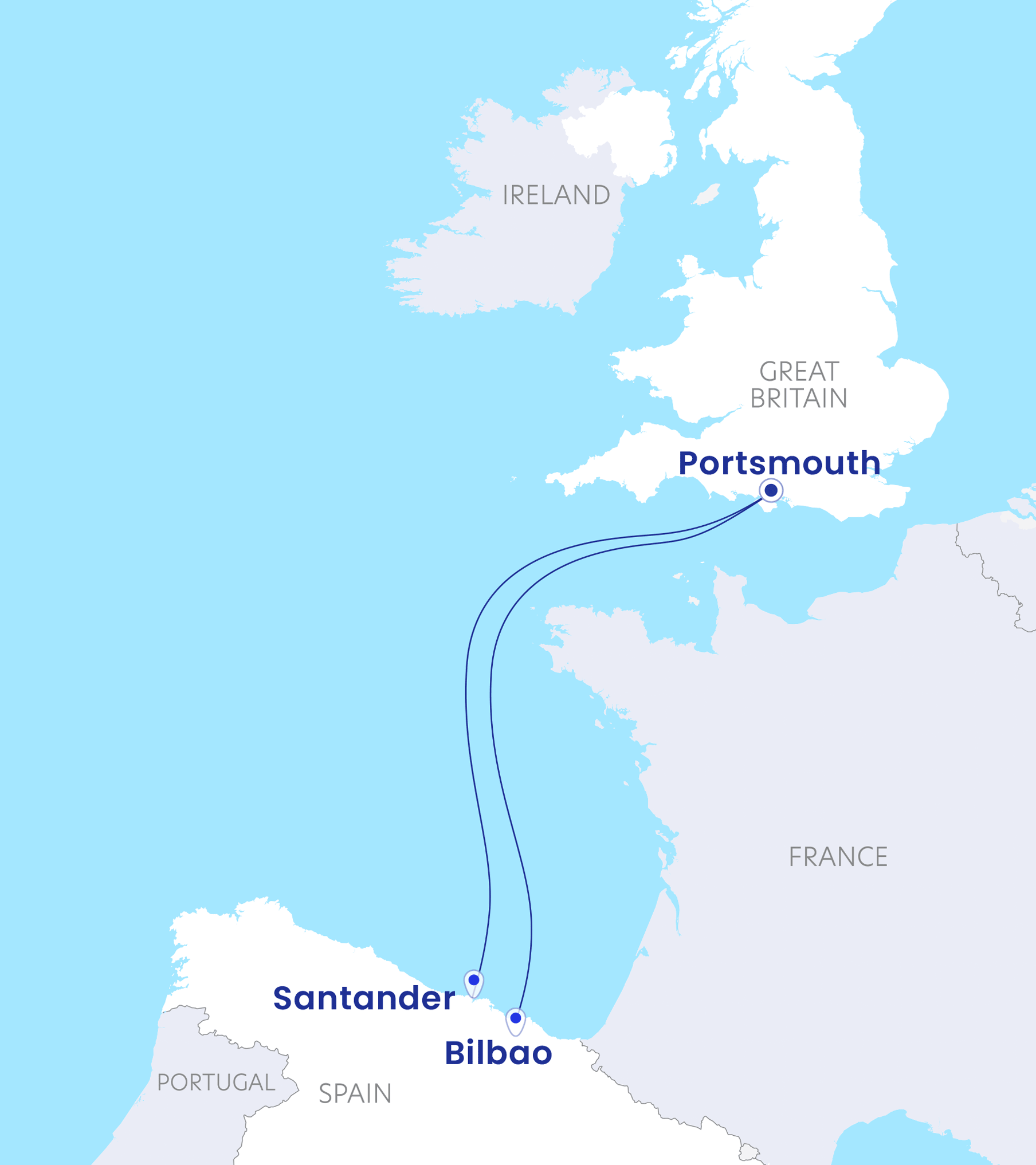 Portsmouth to Spain ferry route map